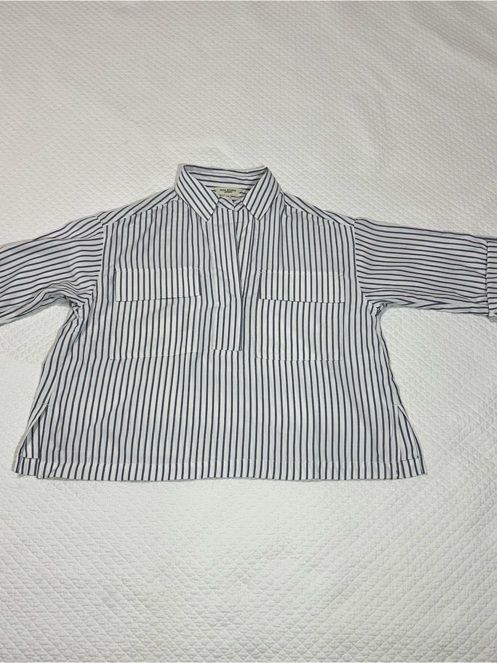 Max Studio White and Navy Striped Popover Shirt